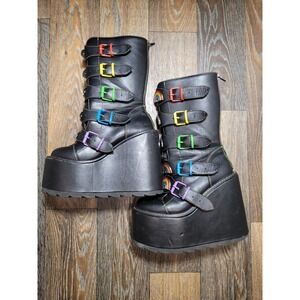 YRU Dune Rainbow Black Platform Wedge Boots Multi Buckle Goth Pride Women 7